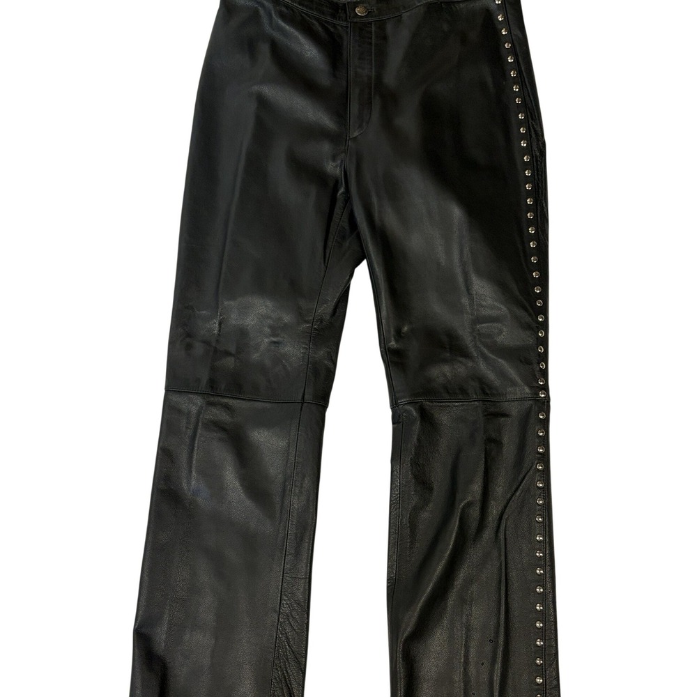 Steve Madden Vintage Y2K Genuine Leather Pants 10 Black Studded Moto Rocker - Picture 3 of 15